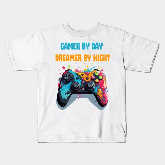 Gamer by day, dreamer by night Kids T-Shirt by ArtfulDesign